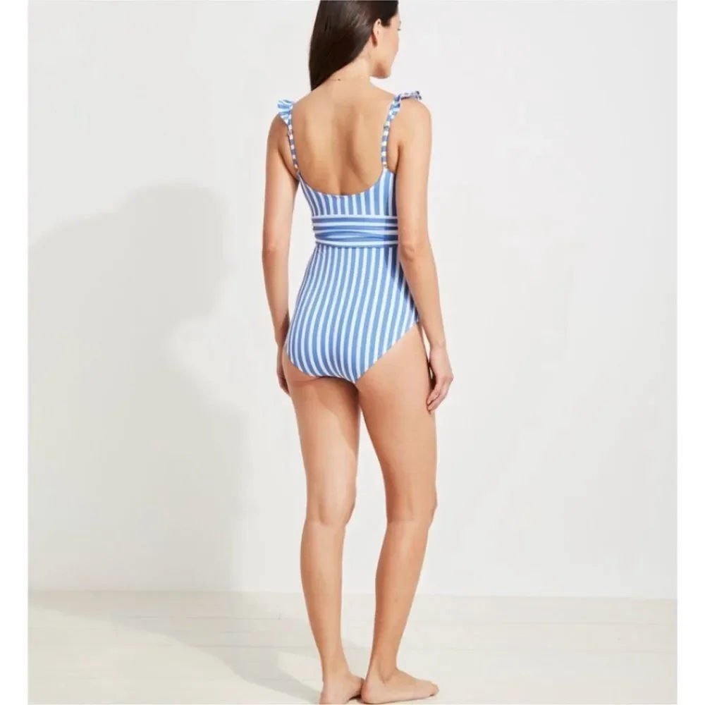 Vineyard Vines Women’s Blue and White Sail Stripe Ruffle One-Piece Swimsuit